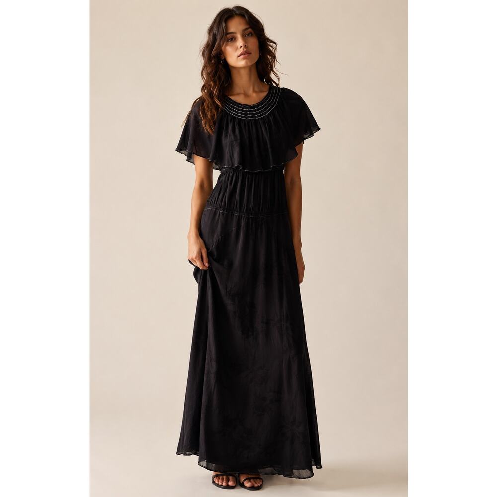 Flynn Skye Black Maxi Dress | Boho Romantic Flutter Cape Overlay | Size S